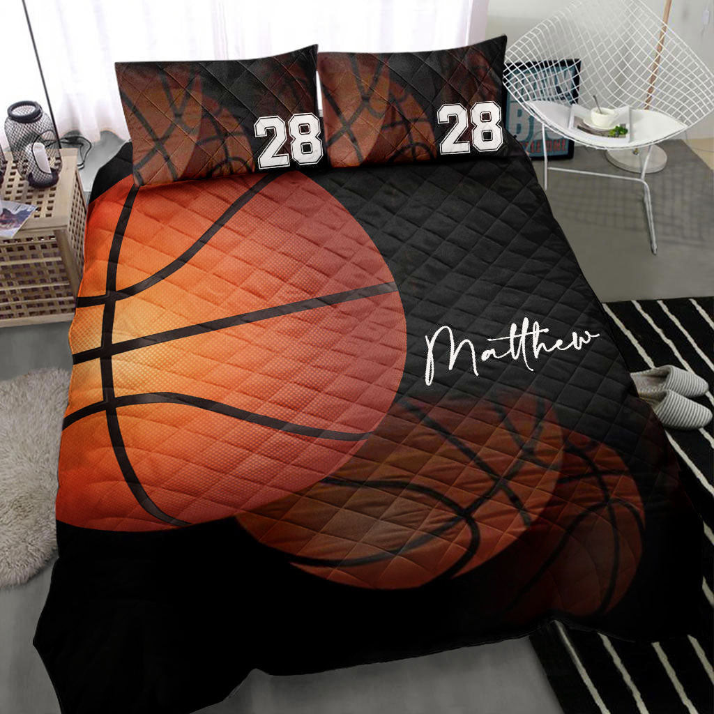 Personalized Basketball Quilt Bedding Set, Basketball Ball Bounce Black Quilt Blanket With Pillowcases, Custom Name and Number Duvet Cover Set