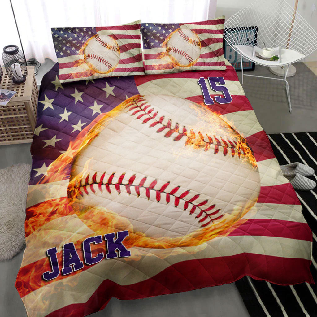 Personalized Baseball Quilt Bedding Set, Baseball Fire Ball US Flag Quilt Blanket With Pillowcases, Custom Name and Number Duvet Cover Set, Sports Gifts