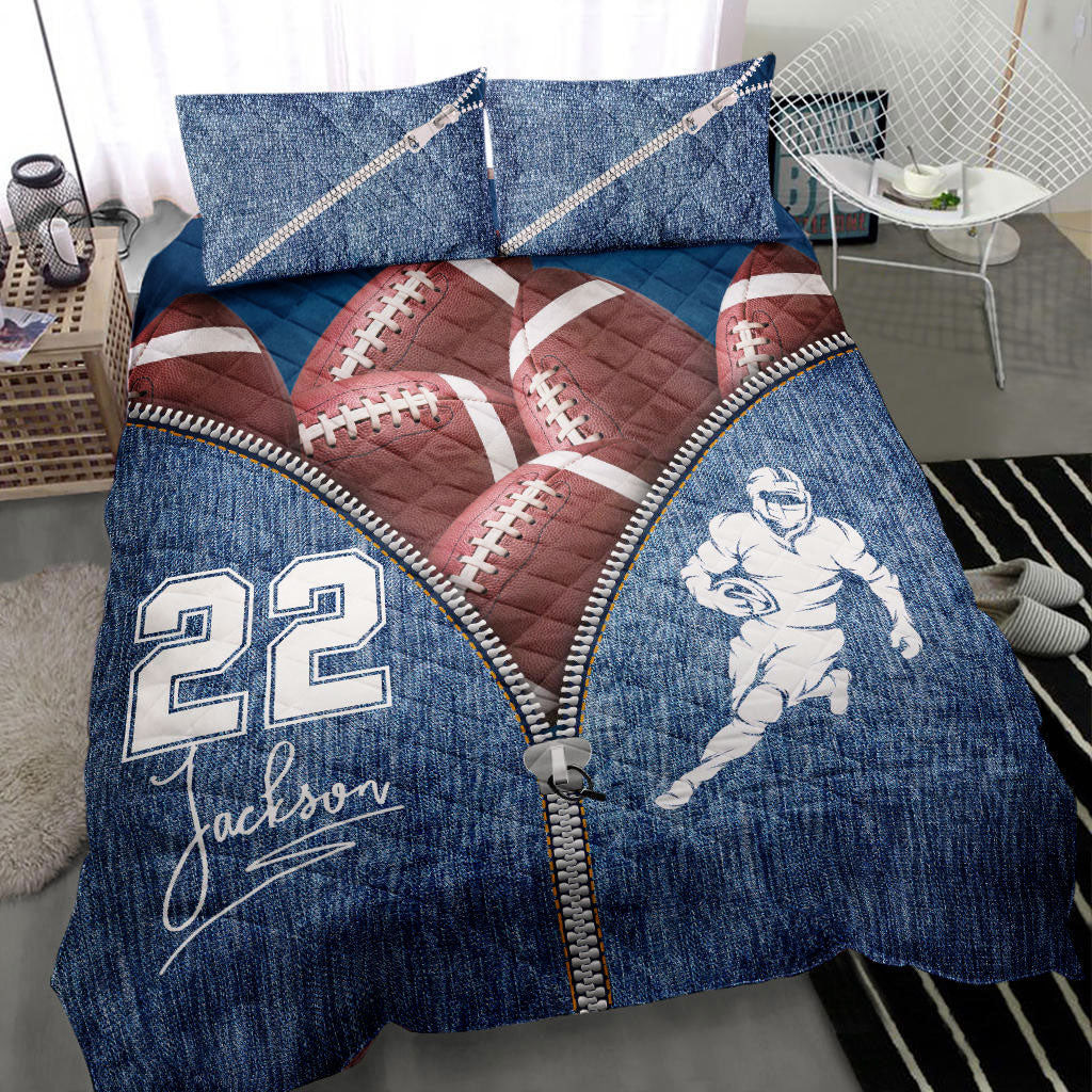 Personalized Football Quilt Bedding Set, Football Ball Zip Jean Blue Quilt Blanket With Pillowcases, Custom Name and Number Duvet Cover Set