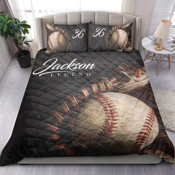 Personalized Baseball Quilt Bedding Set, Baseball Glove Ball Black Quilt Blanket With Pillowcases, Custom Name and Number Duvet Cover Set, Sports Gifts