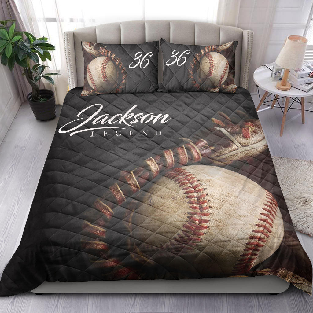 Personalized Baseball Quilt Bedding Set, Baseball Glove Ball Black Quilt Blanket With Pillowcases, Custom Name and Number Duvet Cover Set, Sports Gifts