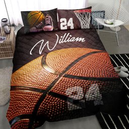 Personalized Basketball Quilt Bedding Set, Basketball Ball 3D Black Quilt Blanket With Pillowcases, Custom Name and Number Duvet Cover Set