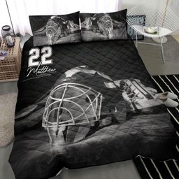 Personalized Hockey Quilt Bedding Set, Hockey Helmet Black Grey Quilt Blanket With Pillowcases, Custom Name and Number Duvet Cover Set