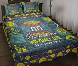 Personalized Softball Quilt Bedding Set, Softball Love Play Quilt Blanket With Pillowcases, Custom Name and Number Duvet Cover Set
