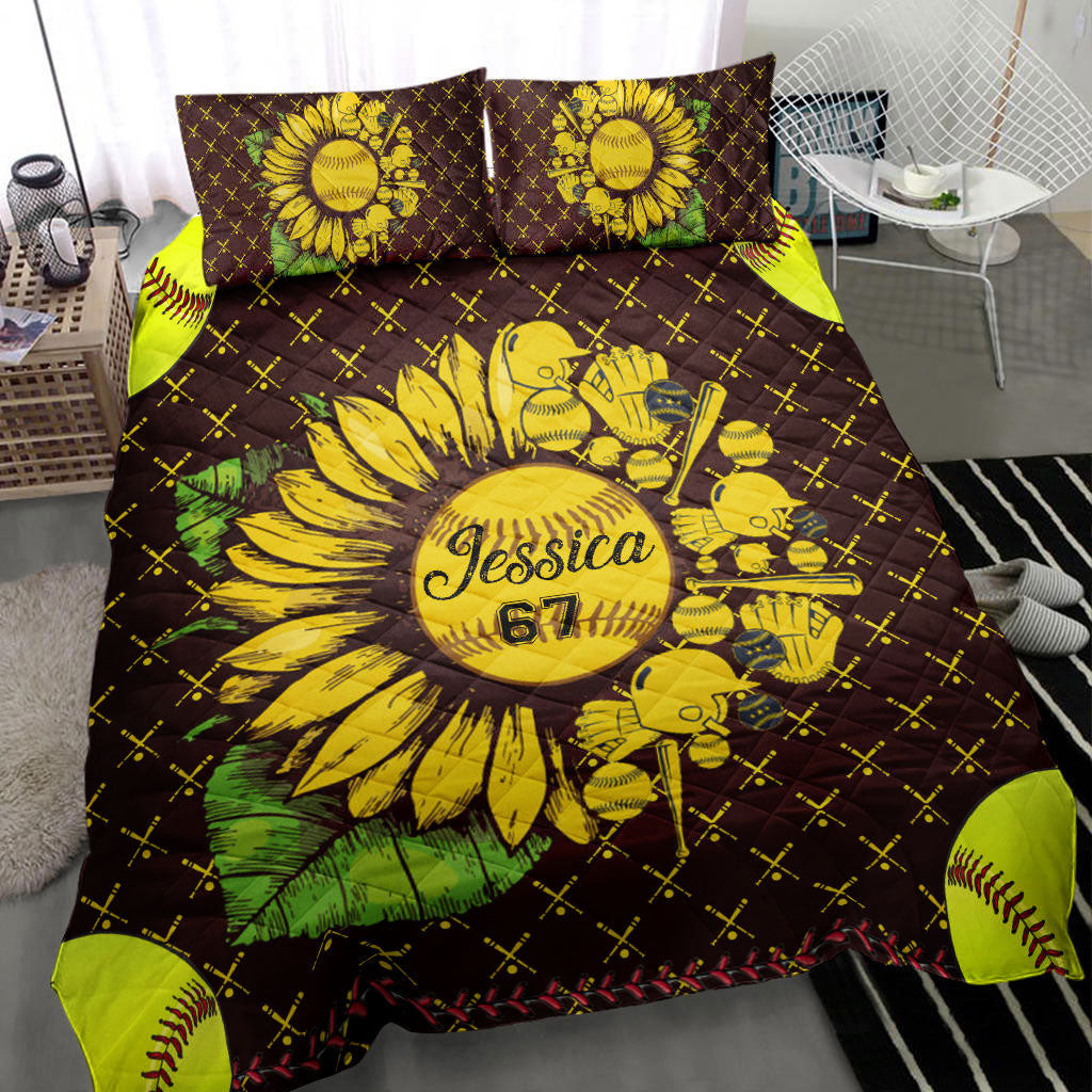 Personalized Softball Quilt Bedding Set, Softball Sunflower Yellow Quilt Blanket With Pillowcases, Custom Name and Number Duvet Cover Set