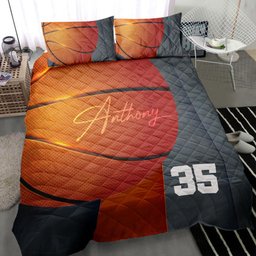Personalized Basketball Quilt Bedding Set, Basketball Ball 3D Print Grey Quilt Blanket With Pillowcases, Custom Name and Number Duvet Cover Set