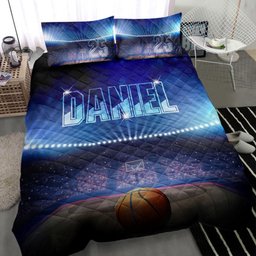Personalized Basketball Quilt Bedding Set, Basketball Court Light Quilt Blanket With Pillowcases, Custom Name and Number Duvet Cover Set