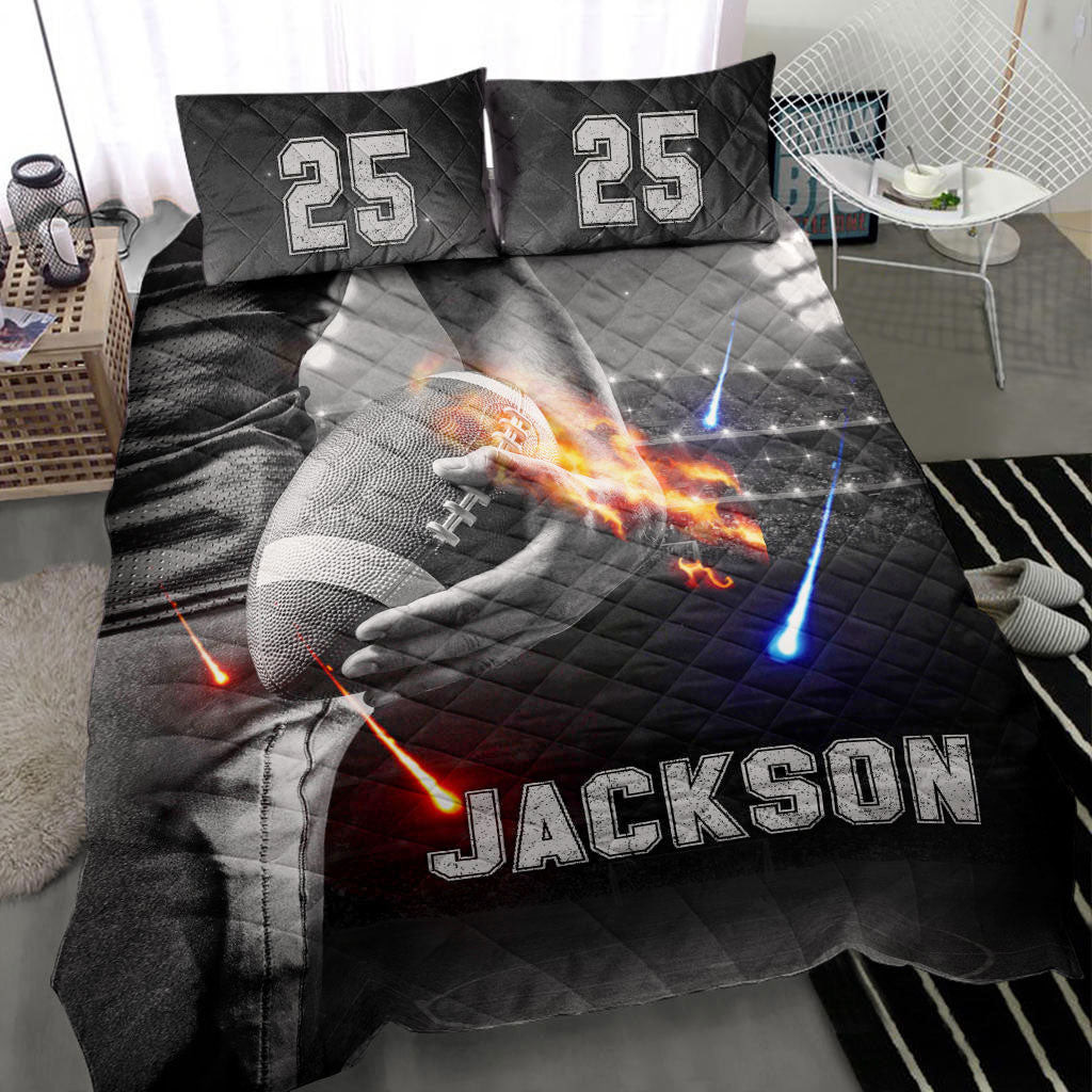 Personalized Football Quilt Bedding Set, America Football Showtime Quilt Blanket With Pillowcases, Custom Name and Number Duvet Cover Set