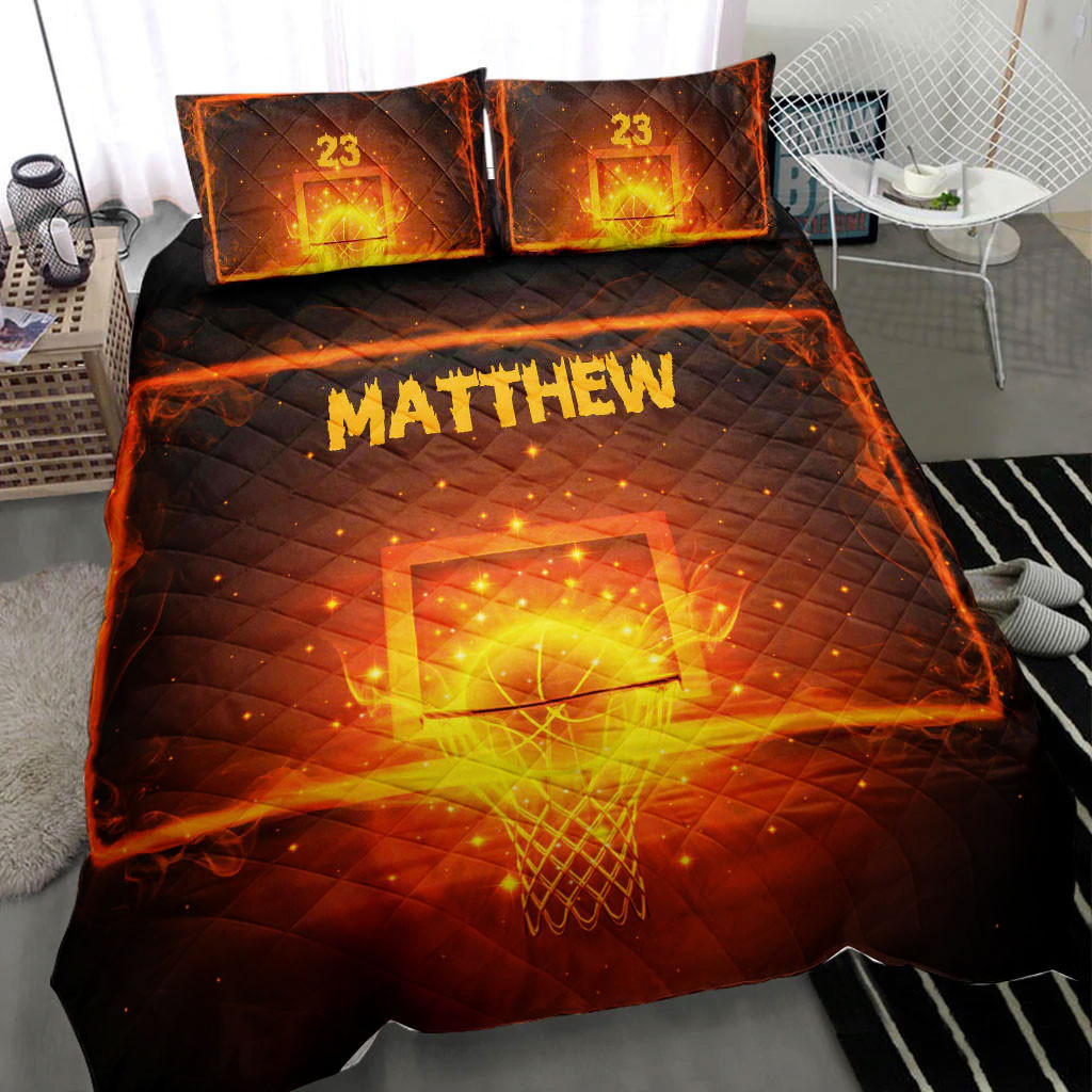 Personalized Basketball Quilt Bedding Set, Basketball Fire Light Quilt Blanket With Pillowcases, Custom Name and Number Duvet Cover Set