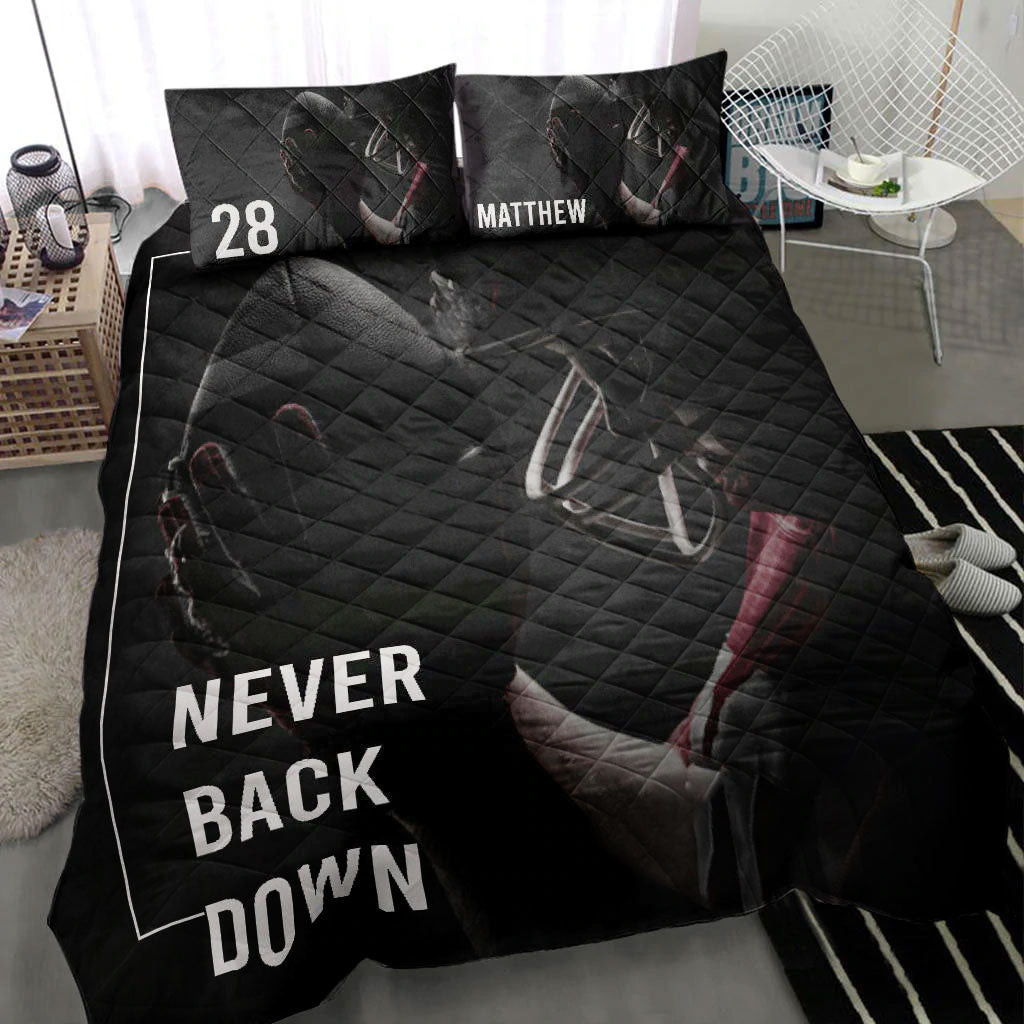 Personalized Football Quilt Bedding Set, America Football Never Back Down Quilt Blanket With Pillowcases, Custom Name and Number Duvet Cover Set