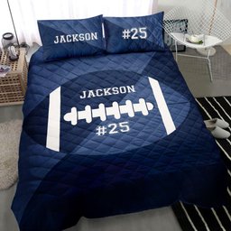 Personalized Football Quilt Bedding Set, Football Ball Blue Simple Quilt Blanket With Pillowcases, Custom Name and Number Duvet Cover Set