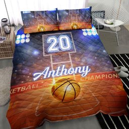 Personalized Basketball Quilt Bedding Set, Basketball Court Champion Quilt Blanket With Pillowcases, Custom Name and Number Duvet Cover Set