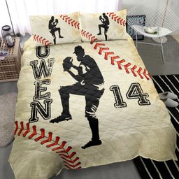 Personalized Baseball Quilt Bedding Set, Baseball Boy Pitcher Beige Quilt Blanket With Pillowcases, Custom Name and Number Duvet Cover Set, Sports Gifts