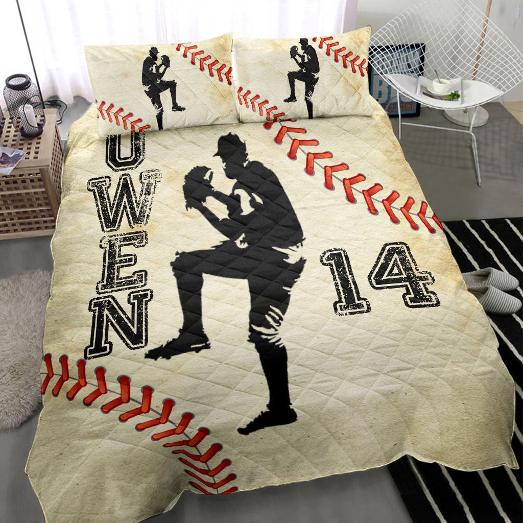 Personalized Baseball Quilt Bedding Set, Baseball Boy Pitcher Beige Quilt Blanket With Pillowcases, Custom Name and Number Duvet Cover Set, Sports Gifts