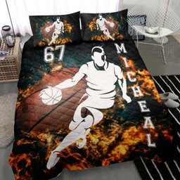 Personalized Basketball Quilt Bedding Set, Basketball Boy Fire Power Quilt Blanket With Pillowcases, Custom Name and Number Duvet Cover Set