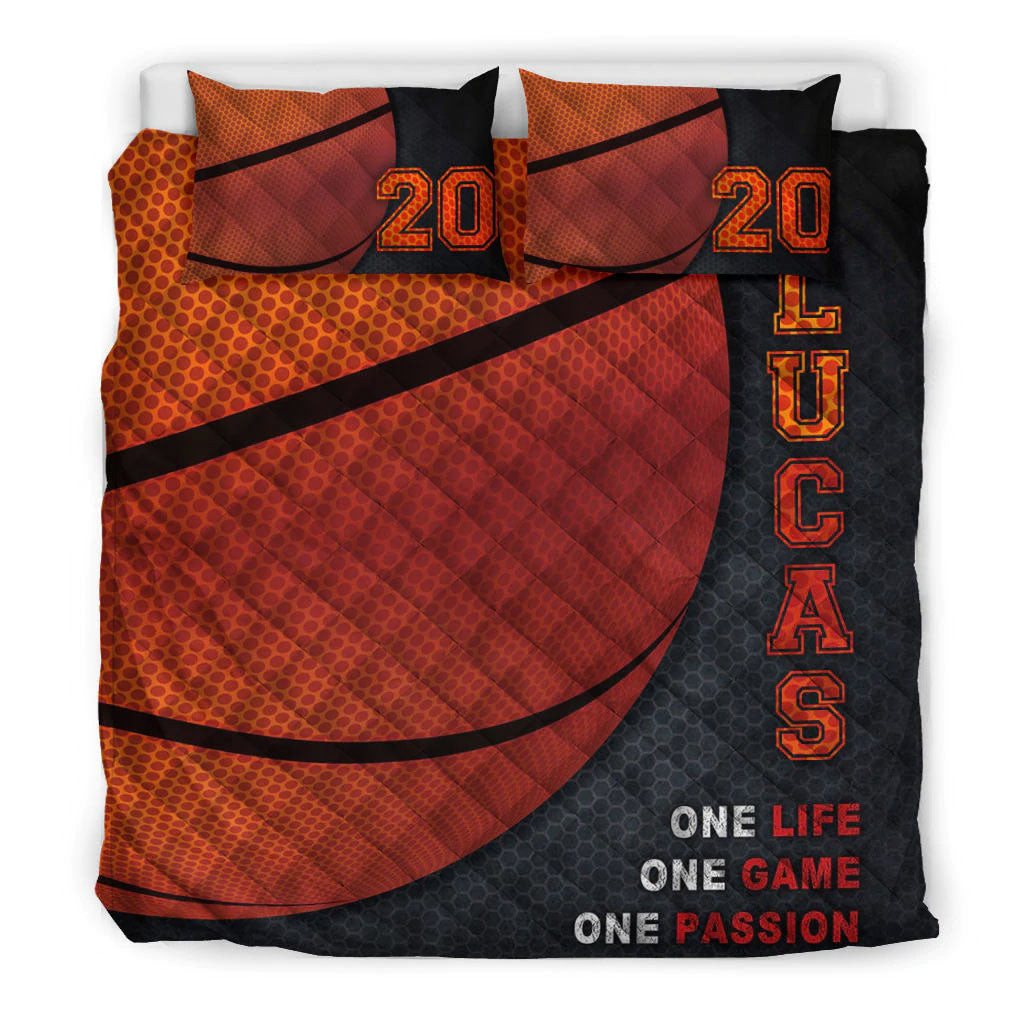Personalized Basketball Quilt Bedding Set, Basketball Ball Game Passion Quilt Blanket With Pillowcases, Custom Name and Number Duvet Cover Set