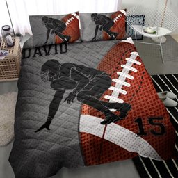 Personalized Football Quilt Bedding Set, Footballs Player Posing Grey Quilt Blanket With Pillowcases, Custom Name and Number Duvet Cover Set