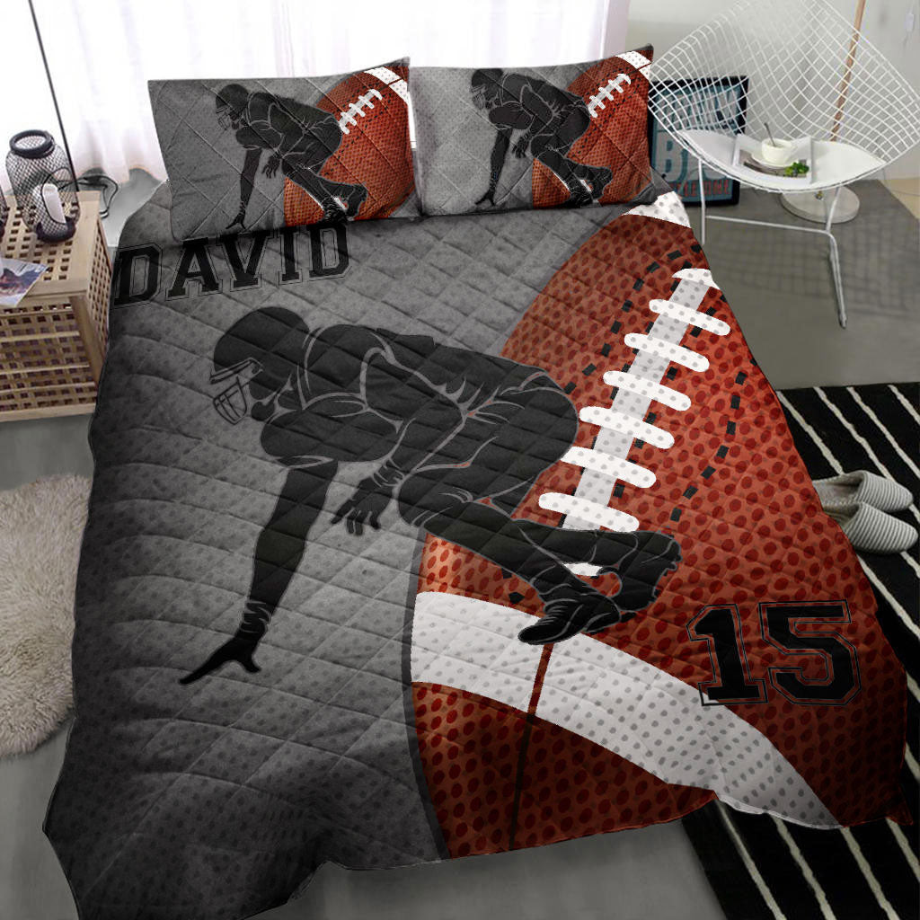 Personalized Football Quilt Bedding Set, Footballs Player Posing Grey Quilt Blanket With Pillowcases, Custom Name and Number Duvet Cover Set