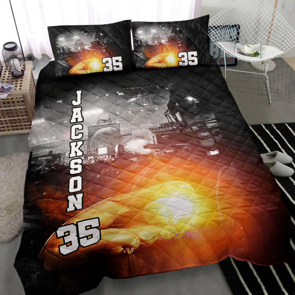 Personalized Baseball Quilt Bedding Set, Baseball Glove Light Up Quilt Blanket With Pillowcases, Custom Name and Number Duvet Cover Set, Sports Gifts