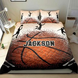 Personalized Basketball Quilt Bedding Set, Basketball Ball Player Posing Quilt Blanket With Pillowcases, Custom Name and Number Duvet Cover Set