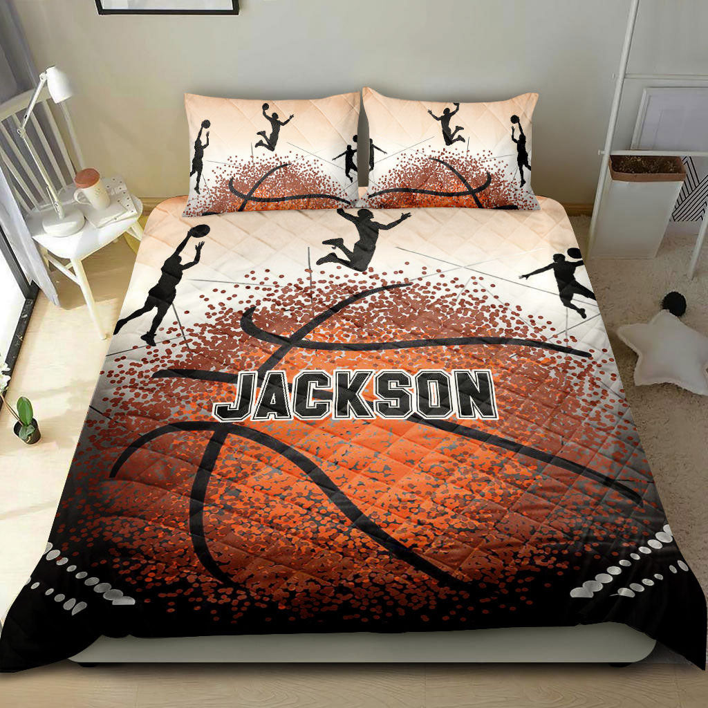 Personalized Basketball Quilt Bedding Set, Basketball Ball Player Posing Quilt Blanket With Pillowcases, Custom Name and Number Duvet Cover Set