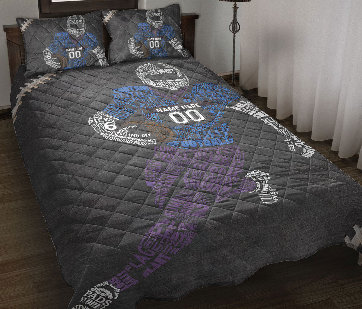 Personalized Football Quilt Bedding Set, Football Player Blue Grey Quilt Blanket With Pillowcases, Custom Name and Number Duvet Cover Set