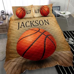 Personalized Basketball Quilt Bedding Set, Basketball Ball Wood Quilt Blanket With Pillowcases, Custom Name and Number Duvet Cover Set
