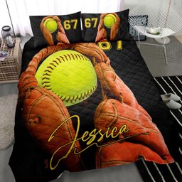 Personalized Softball Quilt Bedding Set, Softball Gloves Ball Quilt Blanket With Pillowcases, Custom Name and Number Duvet Cover Set