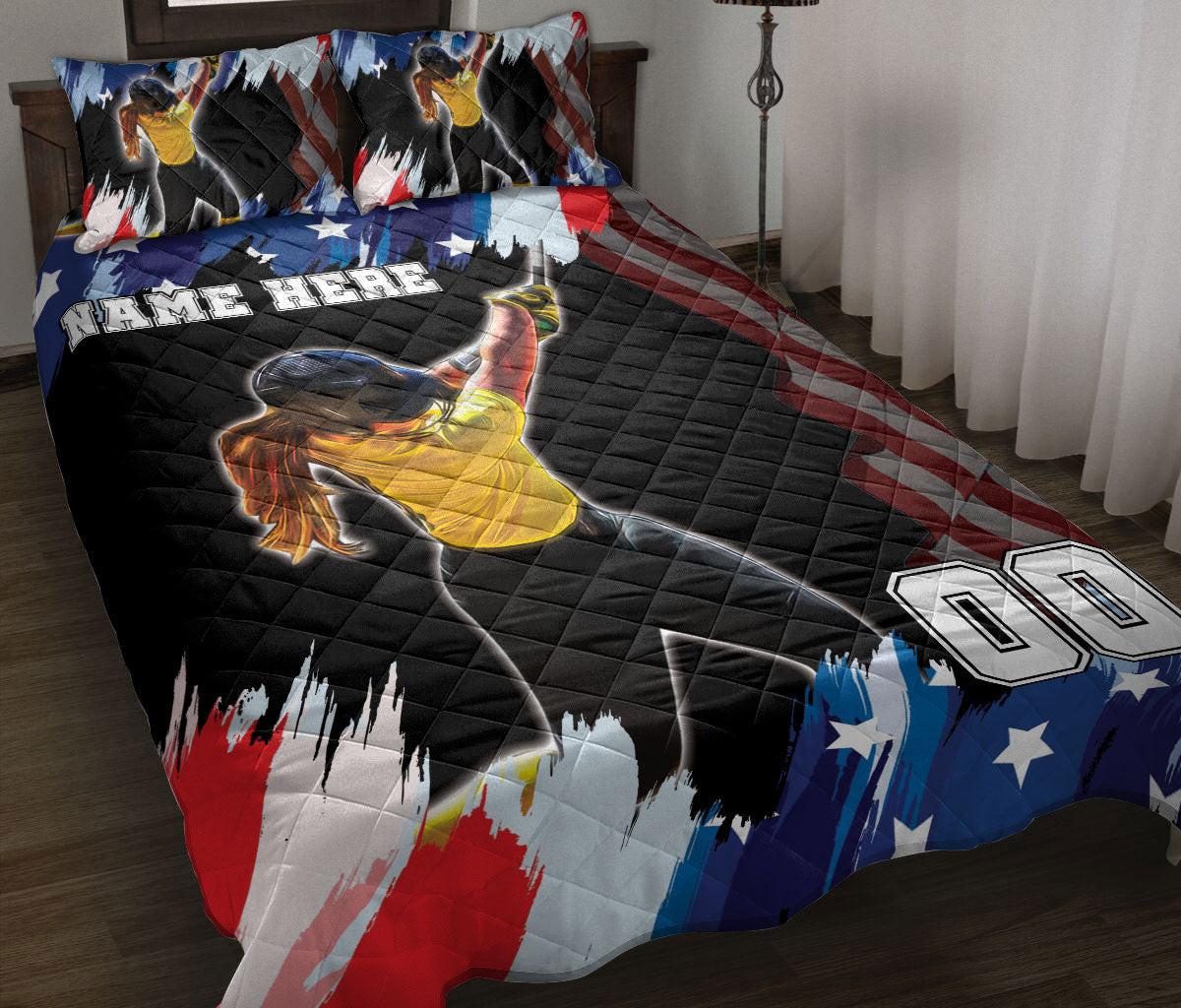 Personalized Softball Quilt Bedding Set, Softball US Flag Quilt Blanket With Pillowcases, Custom Name and Number Duvet Cover Set