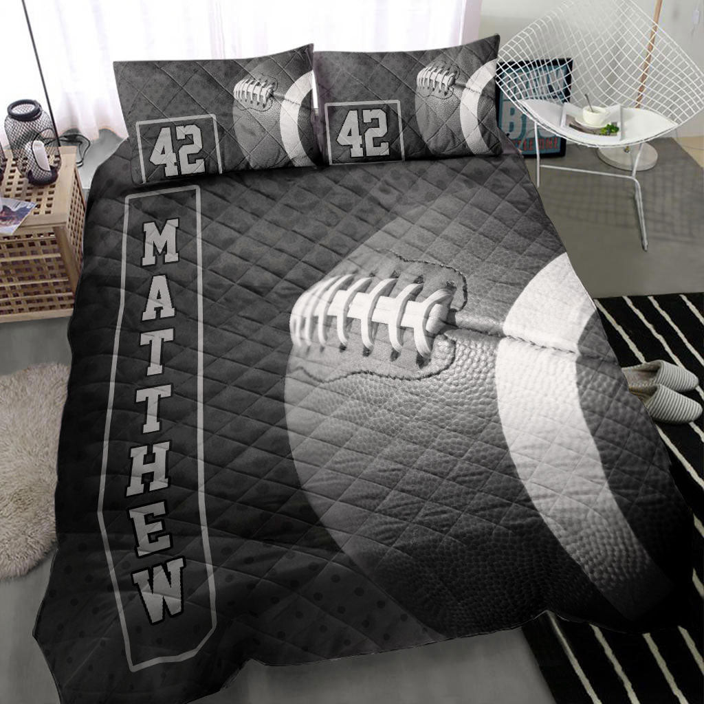 Personalized Football Quilt Bedding Set, America Football Ball 3D Black Quilt Blanket With Pillowcases, Custom Name and Number Duvet Cover Set