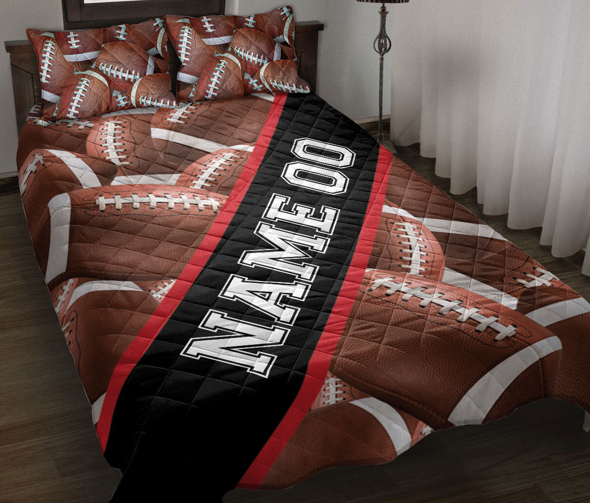 Personalized Football Quilt Bedding Set, American Footballs Quilt Blanket With Pillowcases, Custom Name and Number Duvet Cover Set