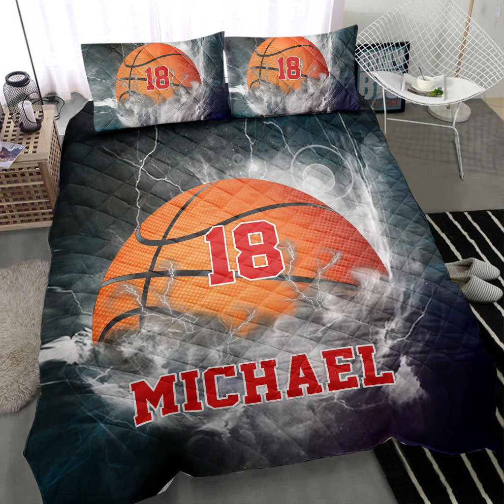 Personalized Basketball Quilt Bedding Set, Basketball Smoke Ball Quilt Blanket With Pillowcases, Custom Name and Number Duvet Cover Set