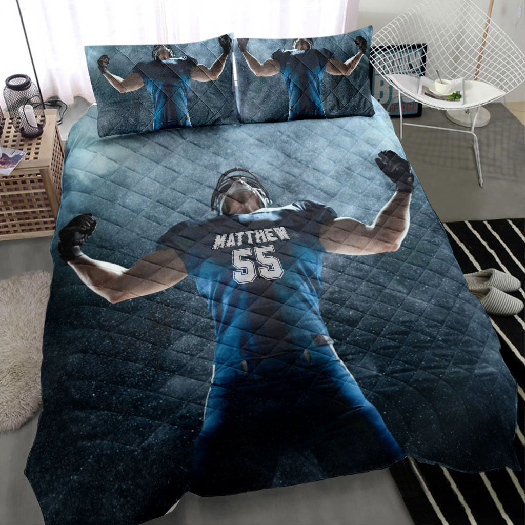 Personalized Football Quilt Bedding Set, Football Player Winner Champion Quilt Blanket With Pillowcases, Custom Name and Number Duvet Cover Set