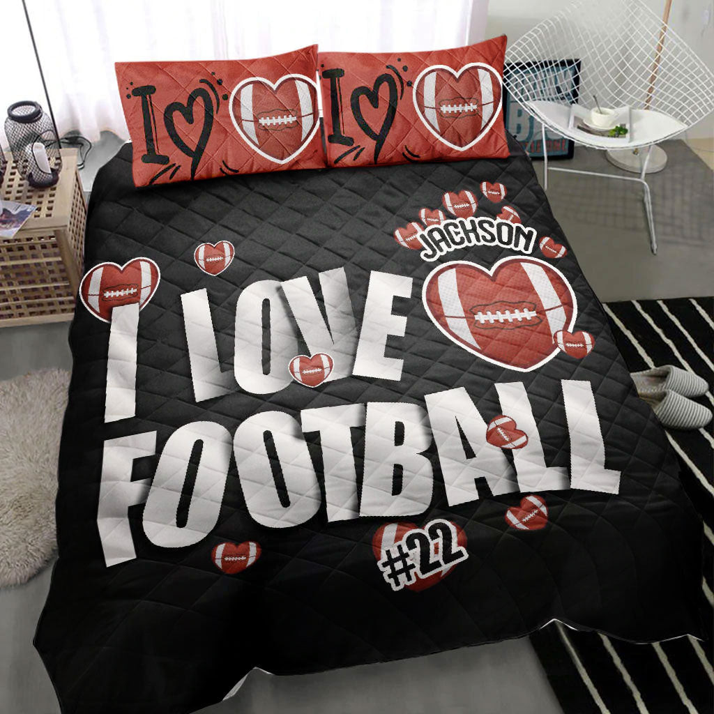 Personalized Football Quilt Bedding Set, I Love Football Black Quilt Blanket With Pillowcases, Custom Name and Number Duvet Cover Set