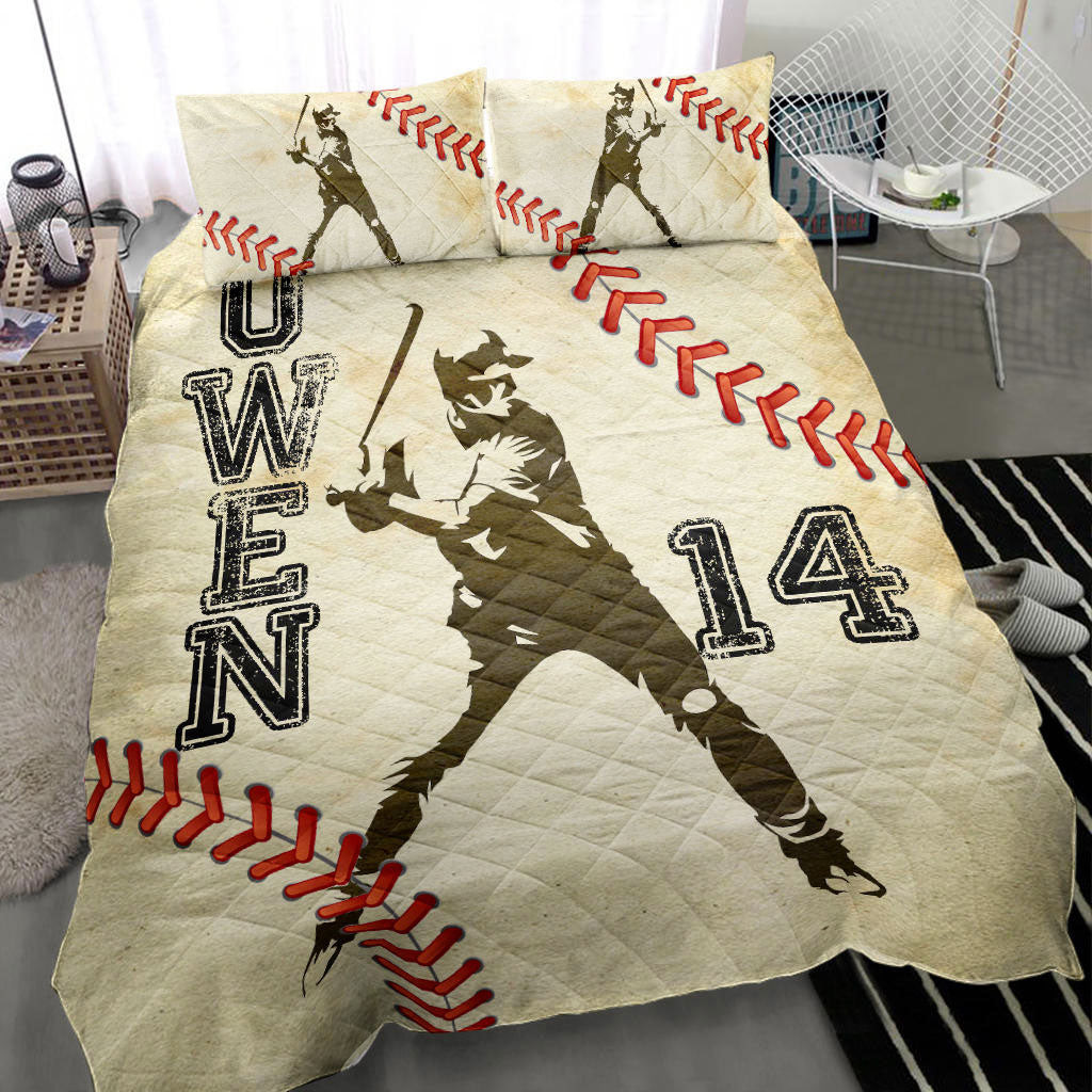Personalized Baseball Quilt Bedding Set, Baseball Boy Batter Beige Quilt Blanket With Pillowcases, Custom Name and Number Duvet Cover Set, Sports Gifts