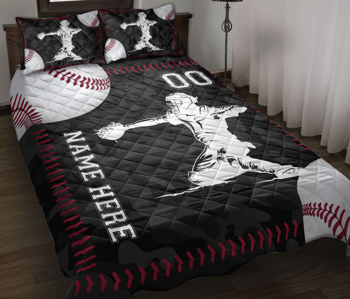 Personalized Baseball Quilt Bedding Set, Baseball Catcher Ball Quilt Blanket With Pillowcases, Custom Name and Number Duvet Cover Set, Sports Gifts