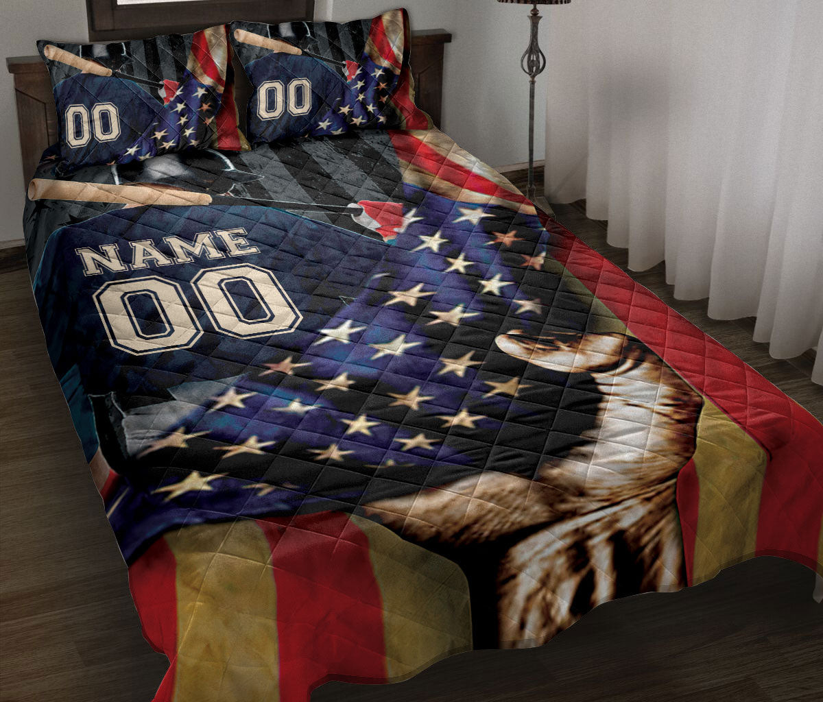 Personalized Baseball Quilt Bedding Set, America US Flag Baseball Player Quilt Blanket With Pillowcases, and Number Bedding, Sports Gifts