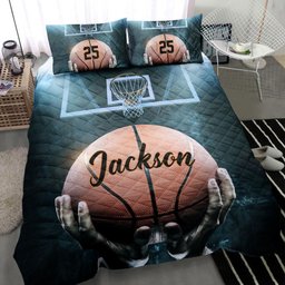 Personalized Basketball Quilt Bedding Set, Basketball Ball Throwing Quilt Blanket With Pillowcases, Custom Name and Number Duvet Cover Set