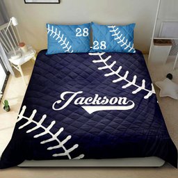 Personalized Baseball Quilt Bedding Set, Baseball Ball Blue Quilt Blanket With Pillowcases, Custom Name and Number Duvet Cover Set, Sports Gifts