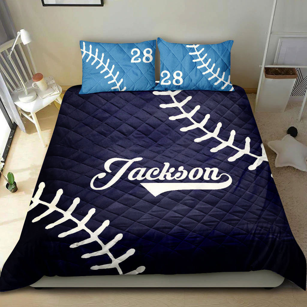 Personalized Baseball Quilt Bedding Set, Baseball Ball Blue Quilt Blanket With Pillowcases, Custom Name and Number Duvet Cover Set, Sports Gifts