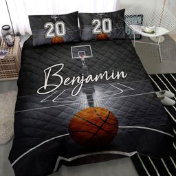 Personalized Basketball Quilt Bedding Set, Basketball 3D Black Court Quilt Blanket With Pillowcases, Custom Name and Number Duvet Cover Set