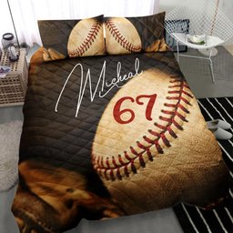 Personalized Baseball Quilt Bedding Set, Baseball Glove Ball Quilt Blanket With Pillowcases, Custom Name and Number Duvet Cover Set, Sports Gifts