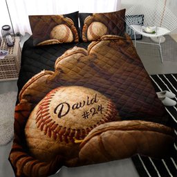 Personalized Baseball Quilt Bedding Set, Baseball Glove Ball Quilt Blanket With Pillowcases, Custom Name and Number Duvet Cover Set, Sports Gifts