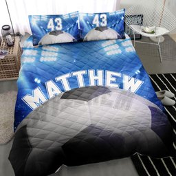 Personalized Soccer Quilt Bedding Set, Soccer Ball Stadium Blue Quilt Blanket With Pillowcases, Custom Name and Number Duvet Cover Set