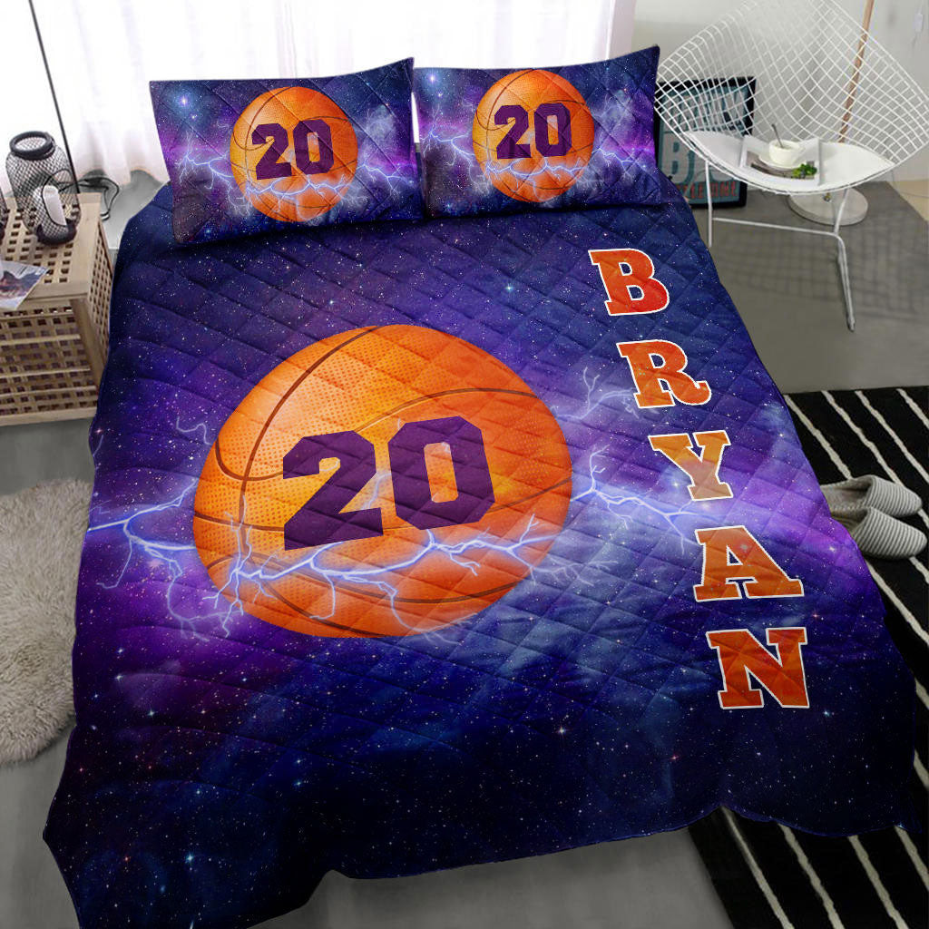 Personalized Basketball Quilt Bedding Set, Basketball Ball Thunder Galaxy Quilt Blanket With Pillowcases, Custom Name and Number Duvet Cover Set