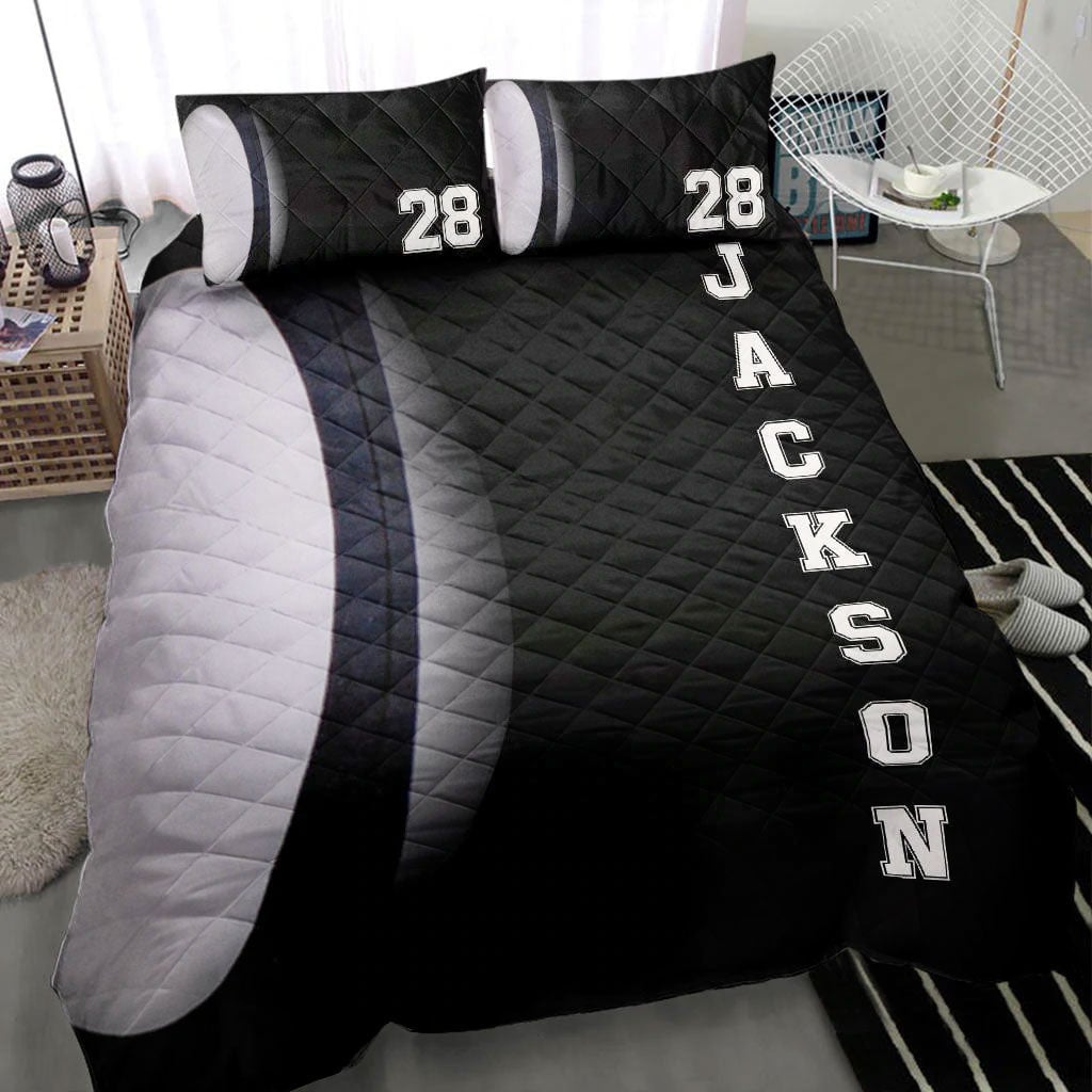 Personalized Rugby Quilt Bedding Set, Rugby Ball Black White Quilt Blanket With Pillowcases, Custom Name and Number Duvet Cover Set