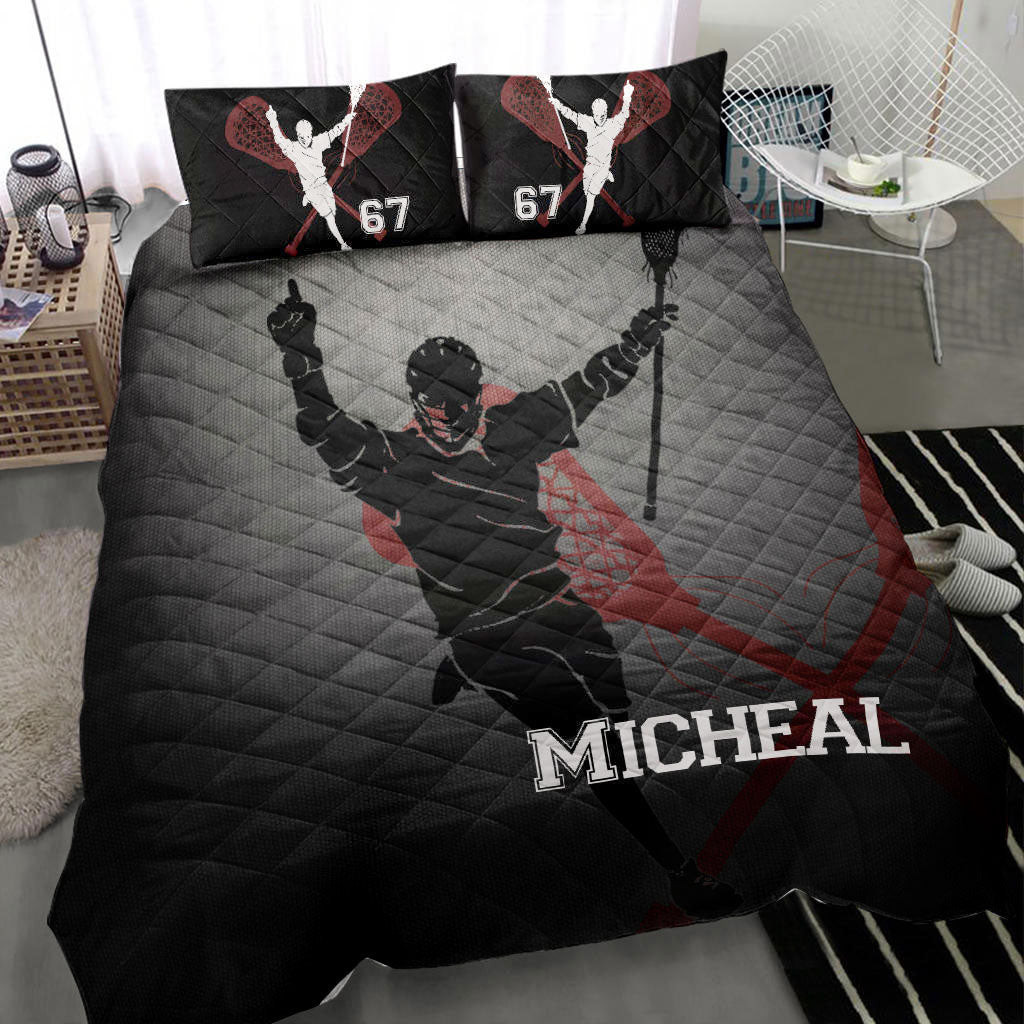 Personalized Lacrosse Quilt Bedding Set, Lacrosse Champion Winner Grey Quilt Blanket With Pillowcases, Custom Name and Number Duvet Cover Set