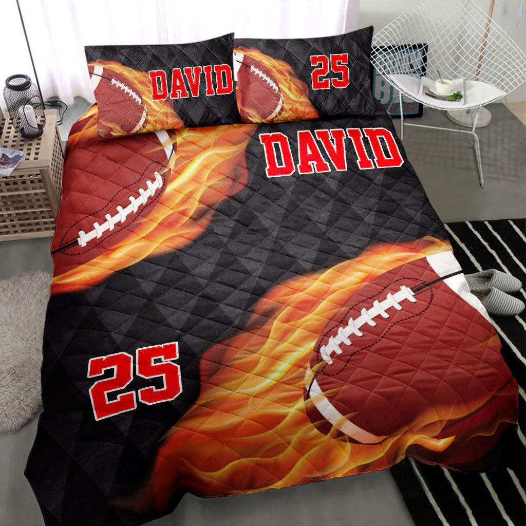 Personalized Football Quilt Bedding Set, Football Fire Ball Black Quilt Blanket With Pillowcases, Custom Name and Number Duvet Cover Set