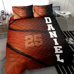Personalized Basketball Quilt Bedding Set, Basketball Ball Texture Quilt Blanket With Pillowcases, Custom Name and Number Duvet Cover Set