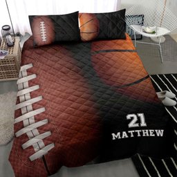 Personalized Basketball Quilt Bedding Set, Football Basketball Quilt Blanket With Pillowcases, Custom Name and Number Duvet Cover Set